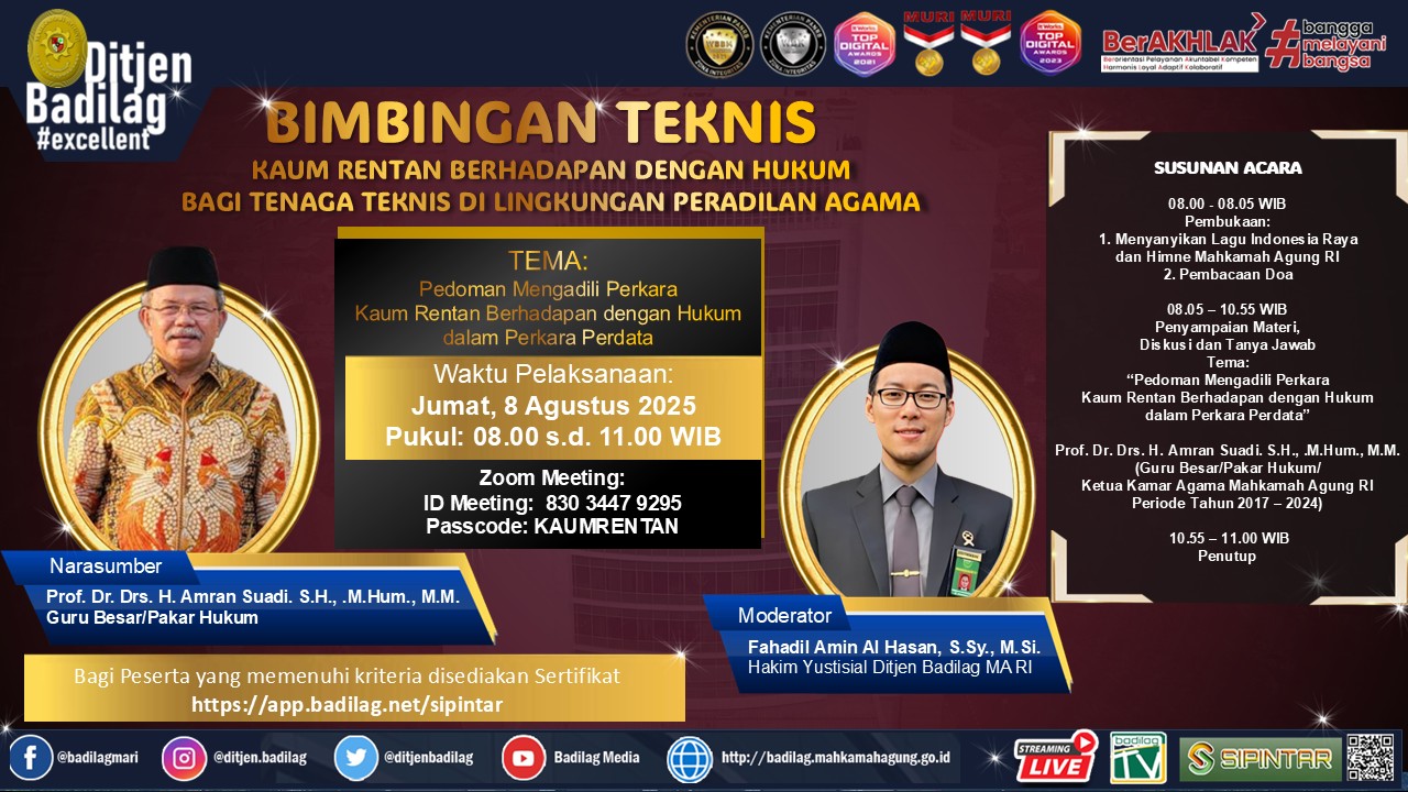 Pemanggilan Peserta Bimbingan Teknis Kaum Rentan Berhadapan  dengan Hukum bagi Tenaga Teknis di Lingkungan Peradilan Agama Secara Daring Tahun 2025 Nasional/Terpusat